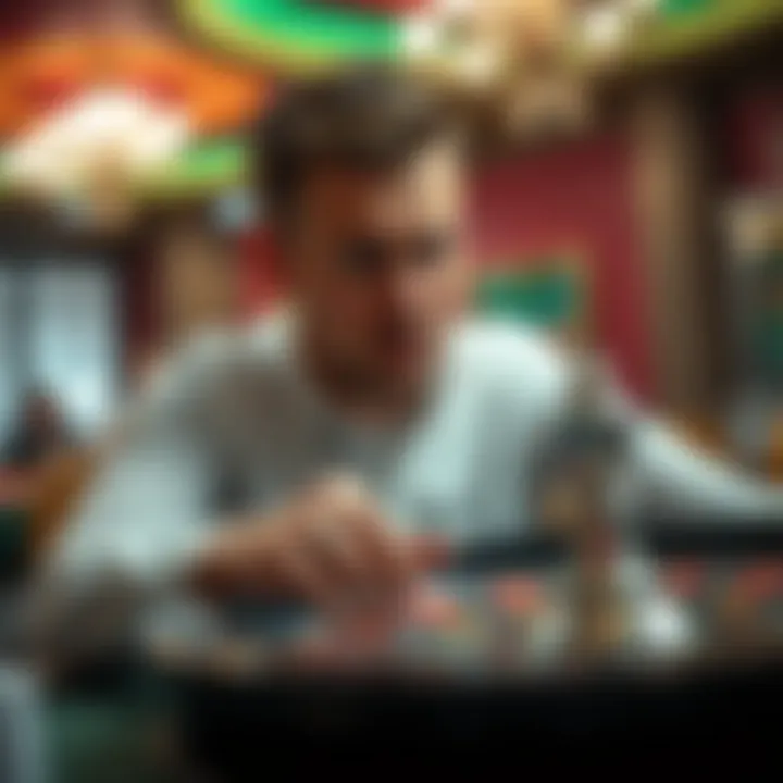 A man looks disappointed at a roulette table, reflecting on his lost bet.