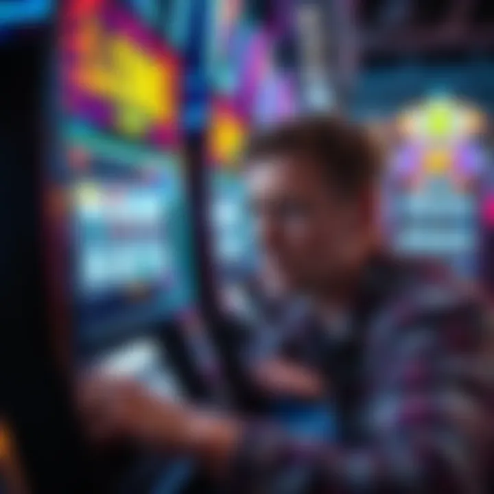 Player feeling frustrated at a slot machine A person looking upset while playing a slot machine with a losing display.