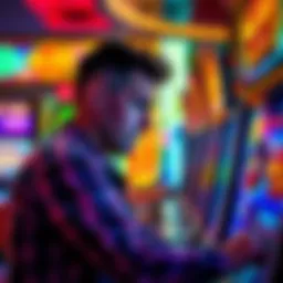 A man looks frustrated while playing a slot machine at the Hard Rock Casino in Florida, with colorful screens and coins scattered around him.