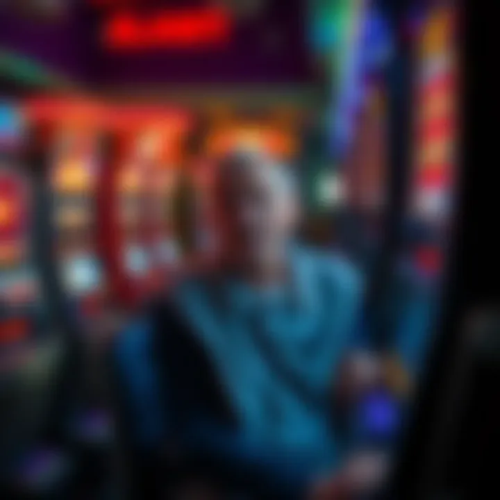 Frustrated player at slot machine A frustrated player sits at a slot machine, showing signs of distress after a significant loss.