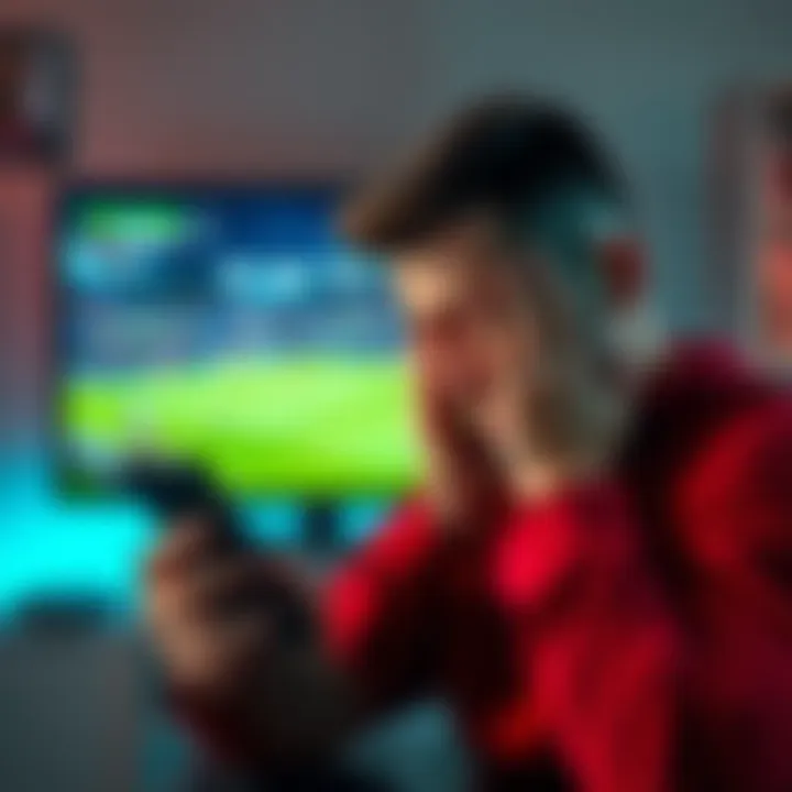 A person shows frustration while looking at a sports betting app, hands on face in disappointment, with a sports game on TV in the background.