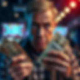 A person looking upset while holding Keno tickets and cash, showing disappointment after losses.