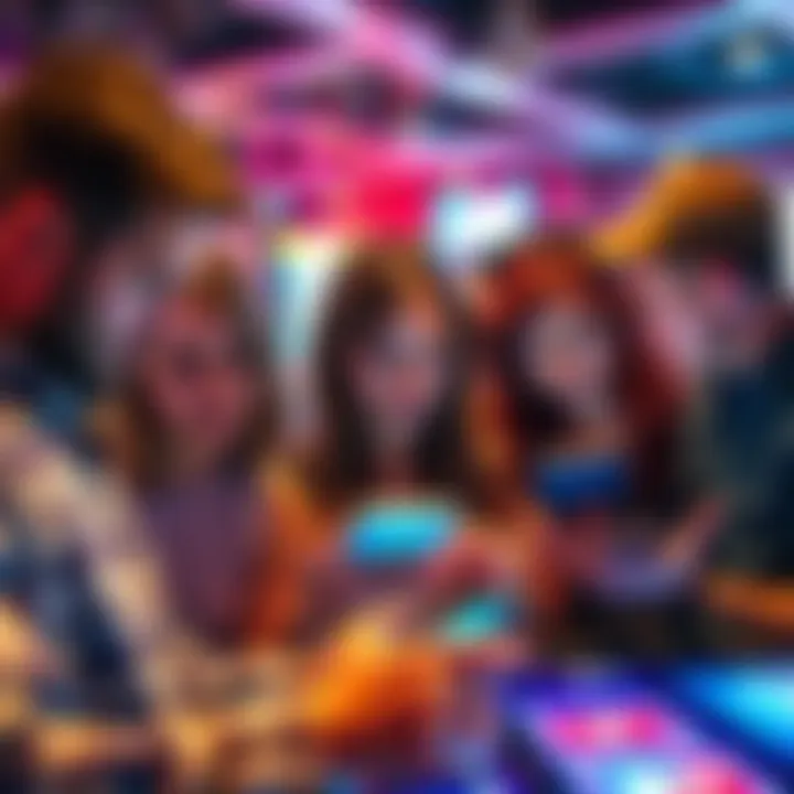 A group of disappointed people looking at their devices, showing frustration over non-working free spins in a gaming app