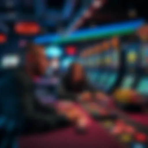 Players looking upset at a gaming table with slot machines in the background