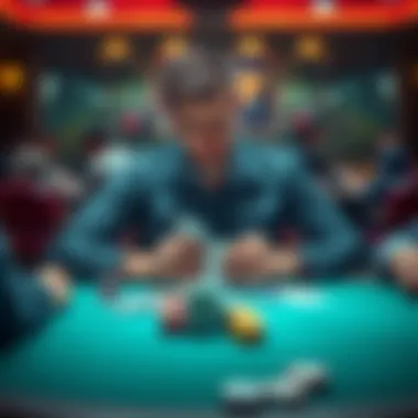 Frustrated poker player A poker player sitting at a table with a defeated expression, looking at his cards, surrounded by chips and other players