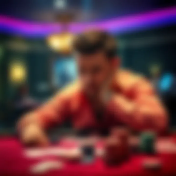 A poker player looking frustrated at a table, surrounded by cards and chips, reflecting on recent losses.