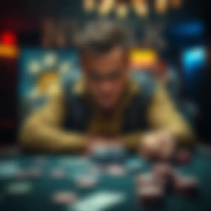 A frustrated player leaving the poker table with a scowl, surrounded by cards and chips, capturing the emotion of an upsetting game experience.