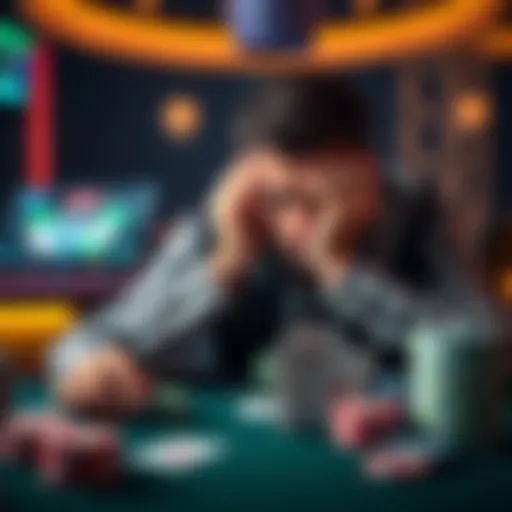 A poker player looks frustrated while staring at his cards at a virtual table, illustrating the ups and downs of online poker.