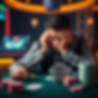 Frustrated Poker Player at a Table A poker player looks frustrated while staring at his cards at a virtual table, illustrating the ups and downs of online poker.