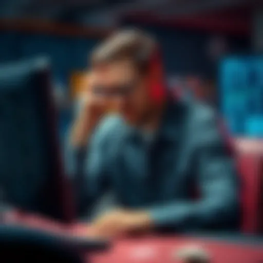 A determined poker player sitting at a computer, looking frustrated while analyzing their game statistics