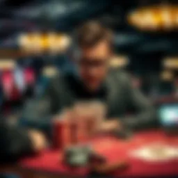 A poker player showing distress while holding cards at a casino table, surrounded by chips and other players