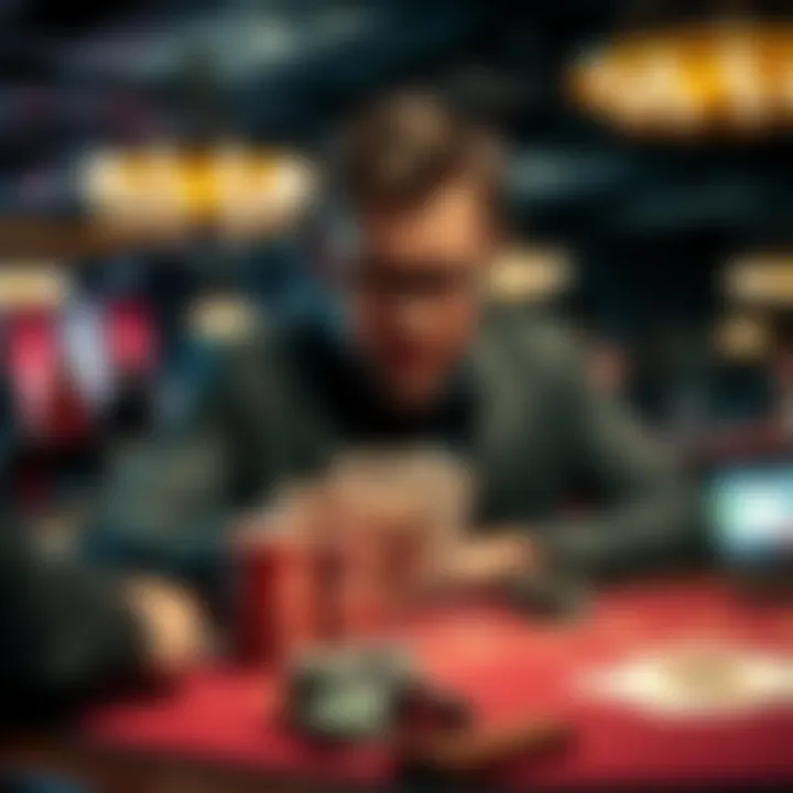 A poker player showing distress while holding cards at a casino table, surrounded by chips and other players