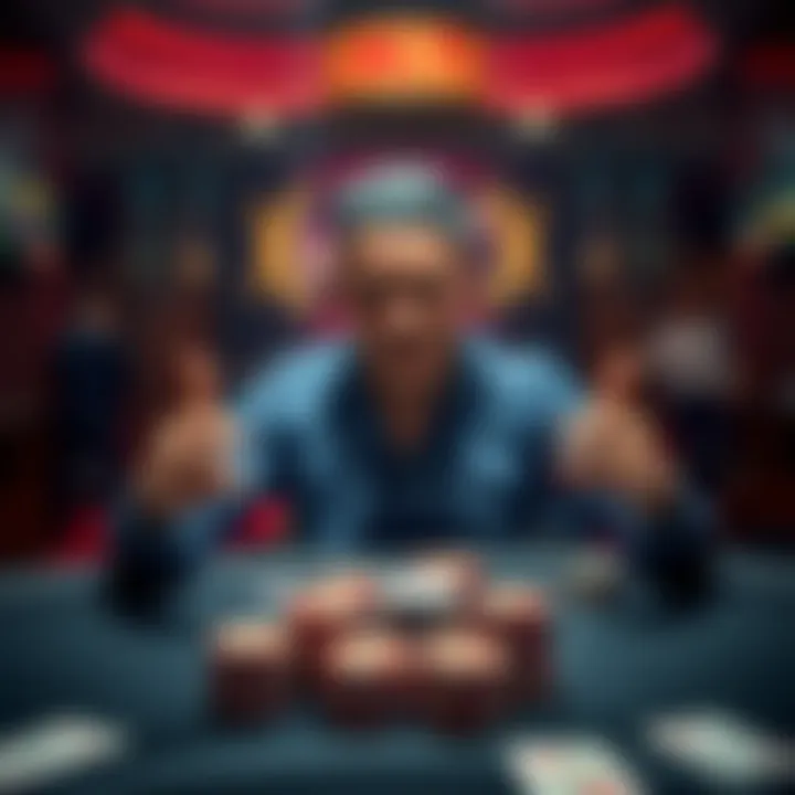 A frustrated player sitting at a poker table with empty hands during a tournament, showing a lack of playable cards