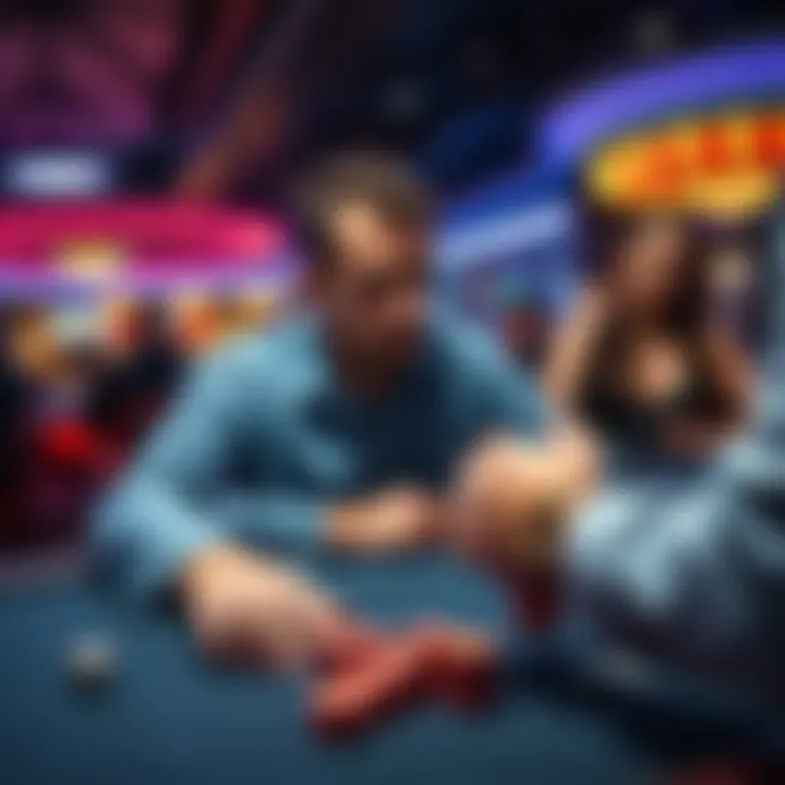 A man looks disappointed at a poker table in a casino while a woman celebrates her win nearby