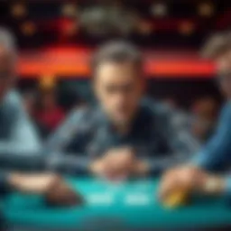 Frustrated poker player at the table A poker player looks disheartened at a card table surrounded by strong opponents, showing signs of frustration after a losing streak.