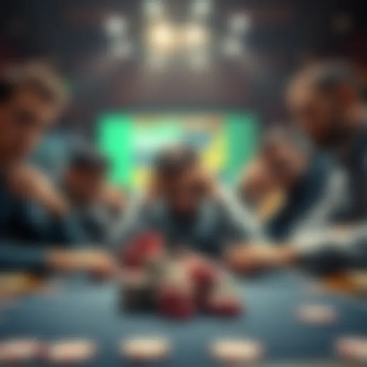 A group of poker players looking disappointed at a table, expressing frustration over new rakeback system changes, with empty chips and a computer screen showing low rewards.