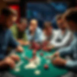 A group of poker players showing frustration at a table with cards and chips scattered around.