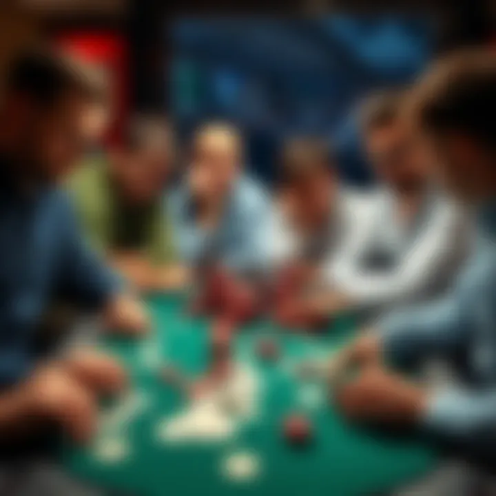 A group of poker players showing frustration at a table with cards and chips scattered around.