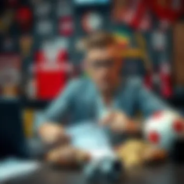 Frustrated sports bettor A stressed man sitting at a table with a sports betting ticket, showing disappointment after losing a bet, surrounded by sports memorabilia
