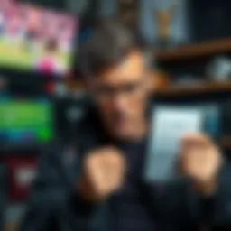 A frustrated man holding a betting slip, looking disappointed. He is surrounded by sports memorabilia and a TV showing a game.
