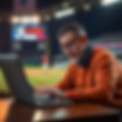 A frustrated sports bettor looking at losing bets on a laptop with baseball visuals in the background
