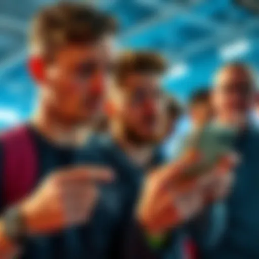 Group of sports fans showing frustration while using a smartphone, looking disappointed with loading issues