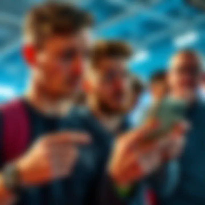 Group of sports fans showing frustration while using a smartphone, looking disappointed with loading issues