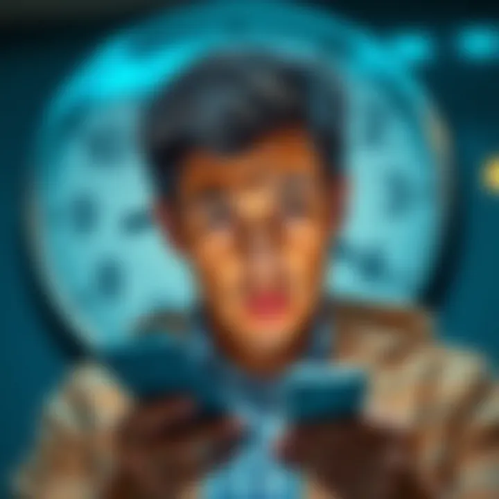 A person looking frustrated while checking their phone for payment updates. Their expression shows impatience with a clock in the background indicating the wait time.