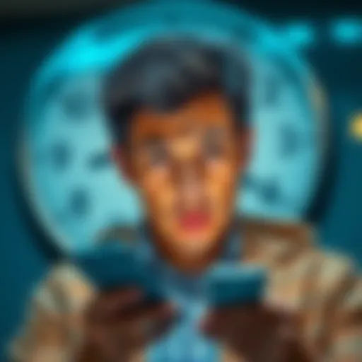 Frustrated User Waiting for Payment A person looking frustrated while checking their phone for payment updates. Their expression shows impatience with a clock in the background indicating the wait time.