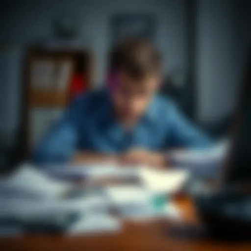 A person looking frustrated at their desk with papers scattered around, conveying job dissatisfaction.