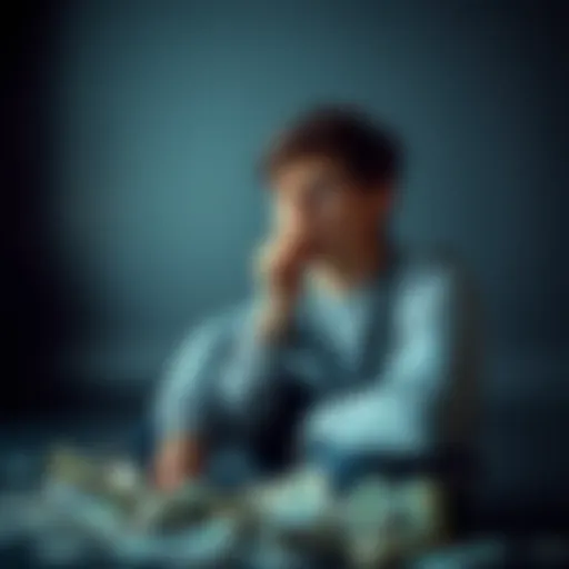 A young person sits alone, looking distressed and lost, with bills scattered around them, symbolizing financial struggles due to gambling.