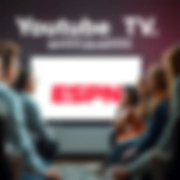 A group of diverse people looking disappointed while watching a blank screen on a TV, showing their frustration over missing ESPN on YouTube TV.