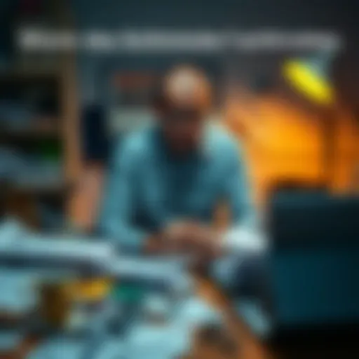 A person with a frustrated expression sitting at a cluttered desk with papers and coffee cups scattered around