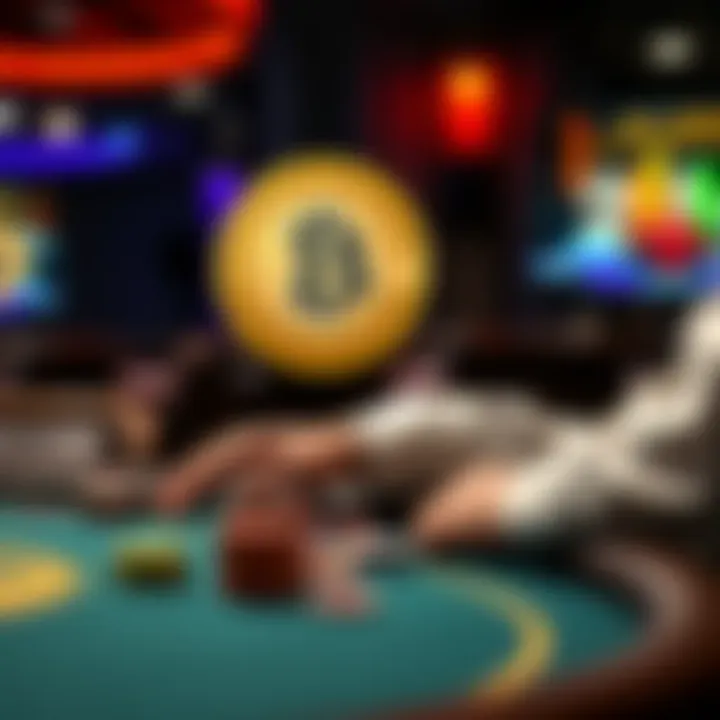 A poker player at a table with chips, looking at a Bitcoin symbol on a screen.
