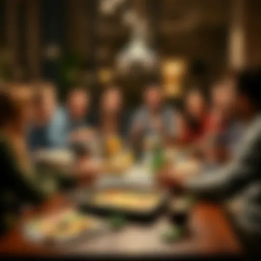 A group of friends enjoying a lively home game night with different game variations. They are laughing and playing around a table filled with board games and snacks.