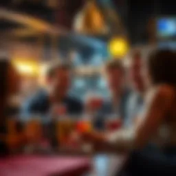 A group of friends laughing and sharing stories over drinks at a lively bar