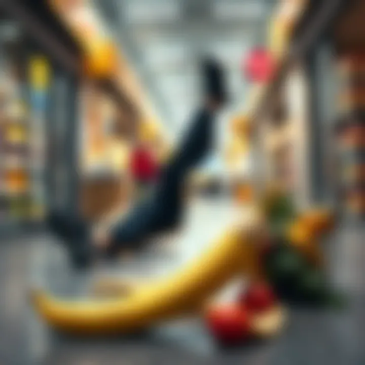 A person slips on a banana peel while carrying groceries, highlighting the humor in unexpected situations.