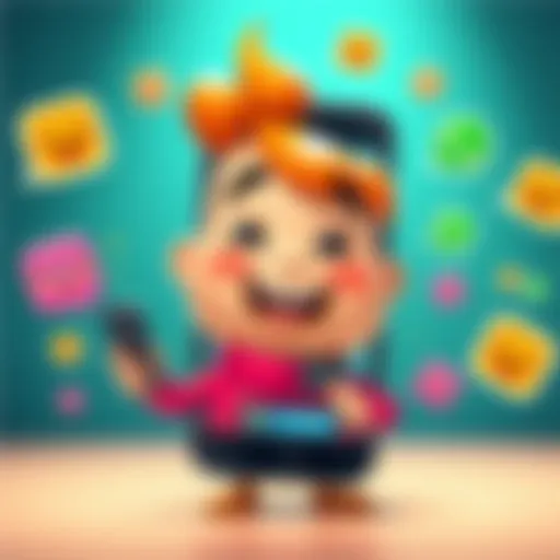 A cheerful cartoon character sending a funny greeting message on a smartphone through WhatsApp, surrounded by laughter icons.