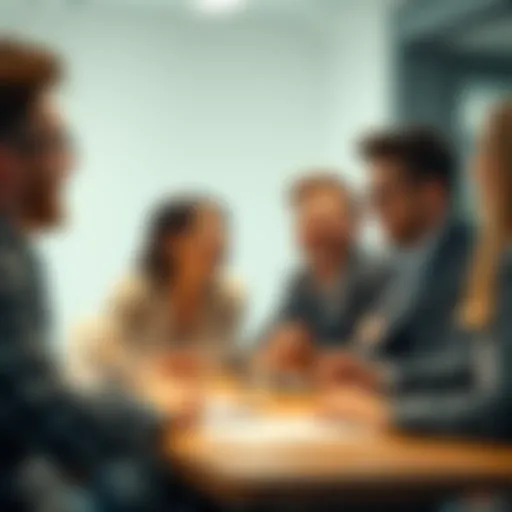 A group of people laughing and sharing amusing stories in a meeting room