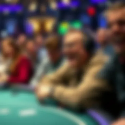 A player reacts with laughter during a poker hand at the $250,000 tournament, surrounded by amused spectators.