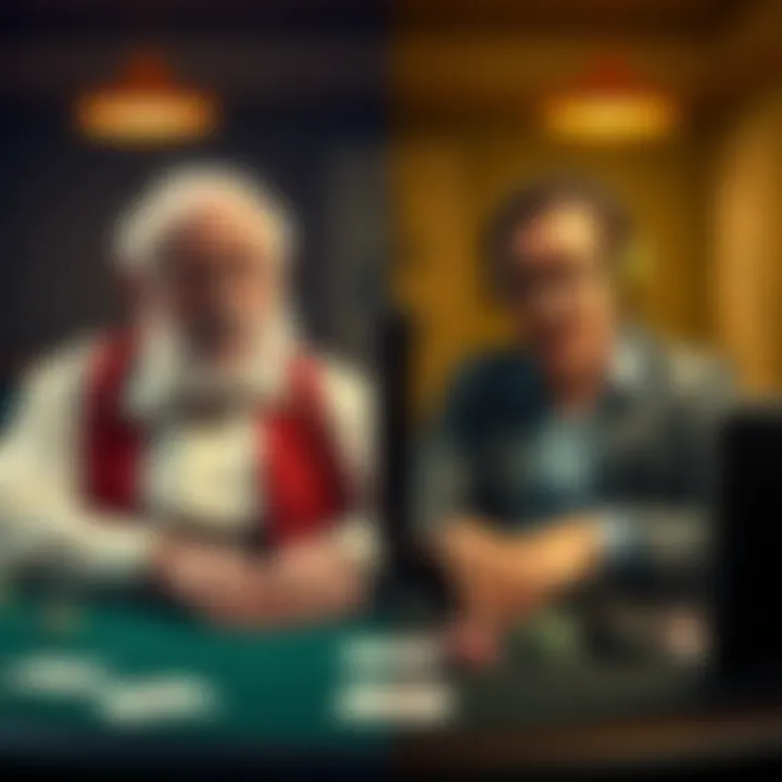 Funny comparison of old and modern poker A side-by-side view of an old poker game and a modern online poker setup, with humorous elements like exaggerated facial expressions and playful graphics.