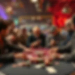 A group of poker players laughing at a table while discussing strategies, with cards and chips scattered around