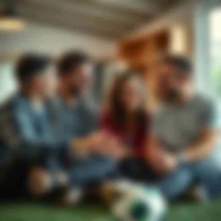 A group of friends laughing and discussing soccer in a casual setting, with a soccer ball in the background.