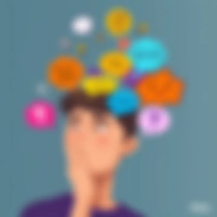 A person thinking with various funny and absurd thoughts represented as colorful speech bubbles around their head.
