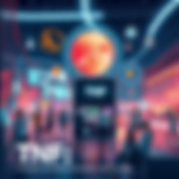 Illustration showing various aspects of TNF technology impacting daily life and society, with digital elements and people interacting in a modern environment.