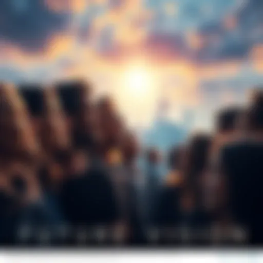 A group of diverse people looking towards a bright skyline with hopeful expressions, representing a vision for a better future.