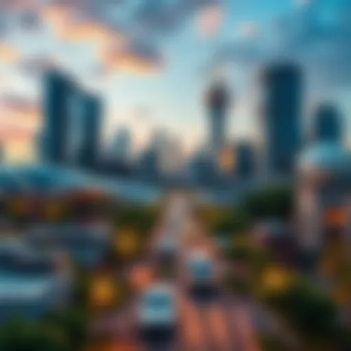 A vibrant city skyline in 2026 with advanced technology and green spaces, showcasing modern architecture and busy streets.