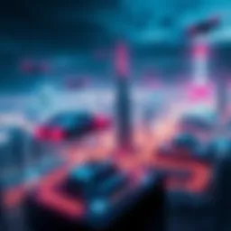 A futuristic city skyline with bright lights and flying vehicles, representing upcoming developments in 2025.