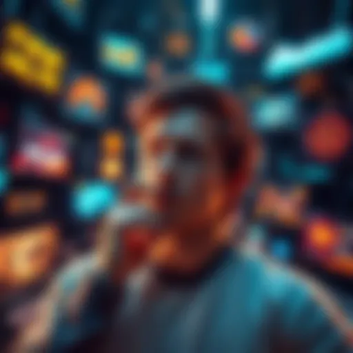 Future of Comp A person contemplating the future of technology, surrounded by devices and screens showing various tech advancements