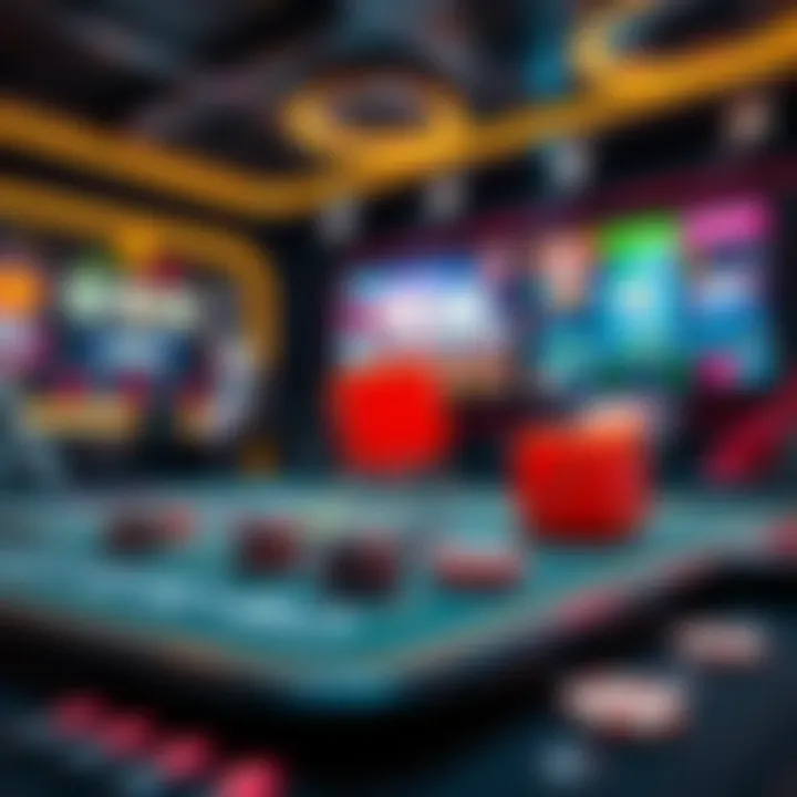 A modern gaming setup featuring digital dice and virtual screens showing trending gambling games.